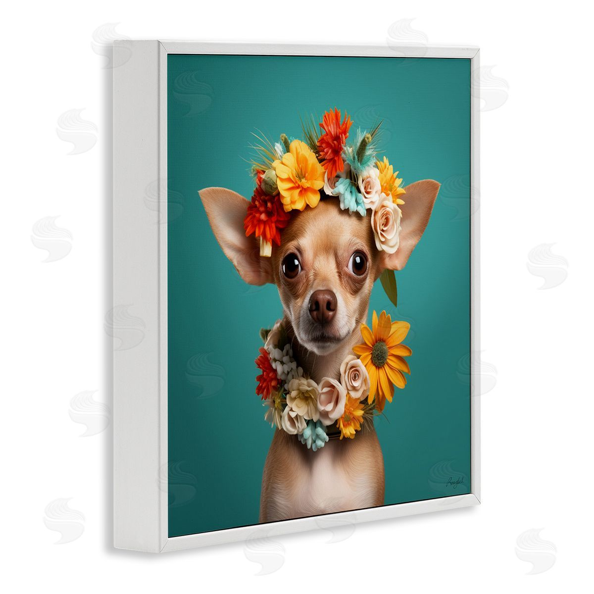 Floral Chihuahua Portrait White Frame Print Wall Art, Home Decor by Roozbeh