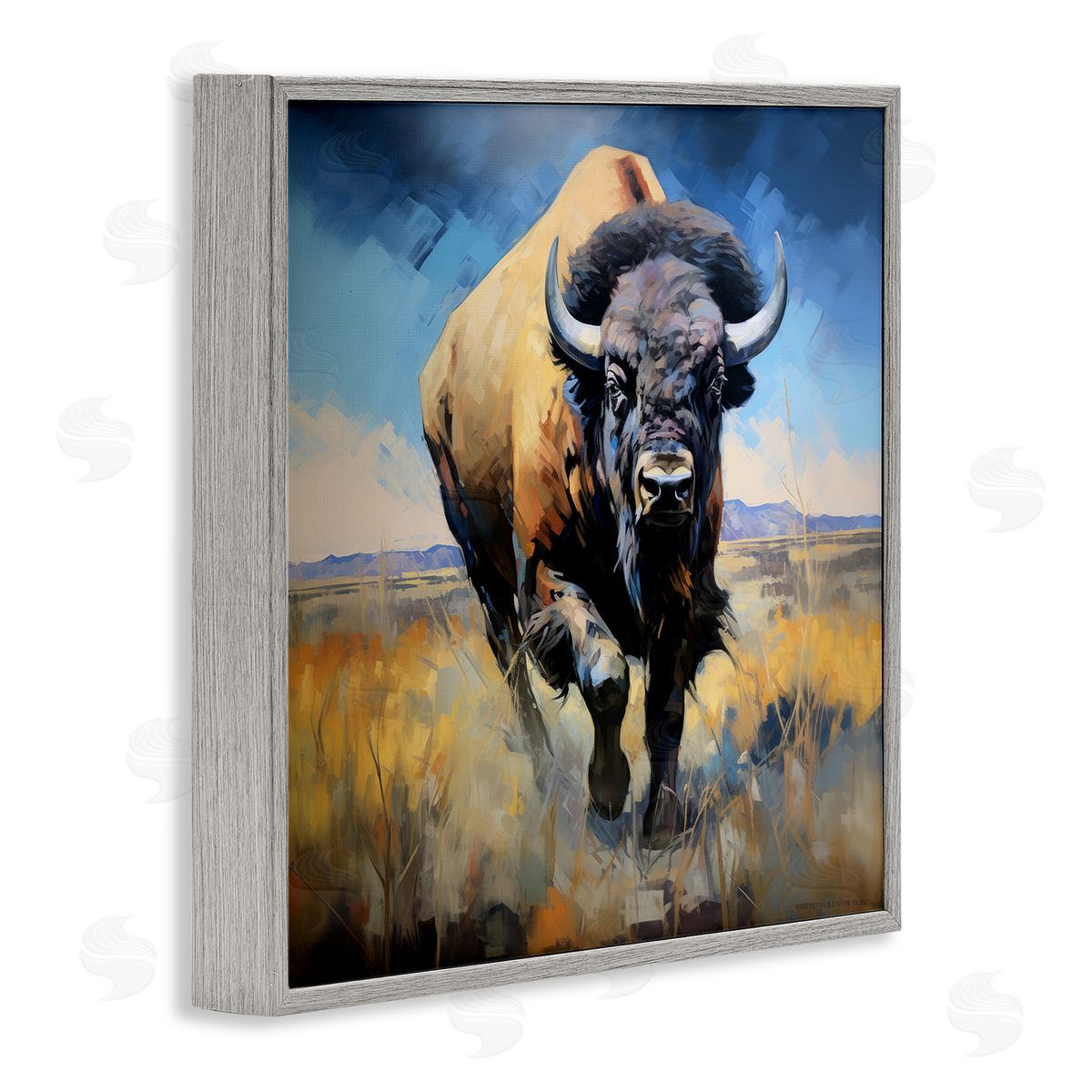 Ray Powers Bison in Country Field Gray Framed Giclee Wall Artside_