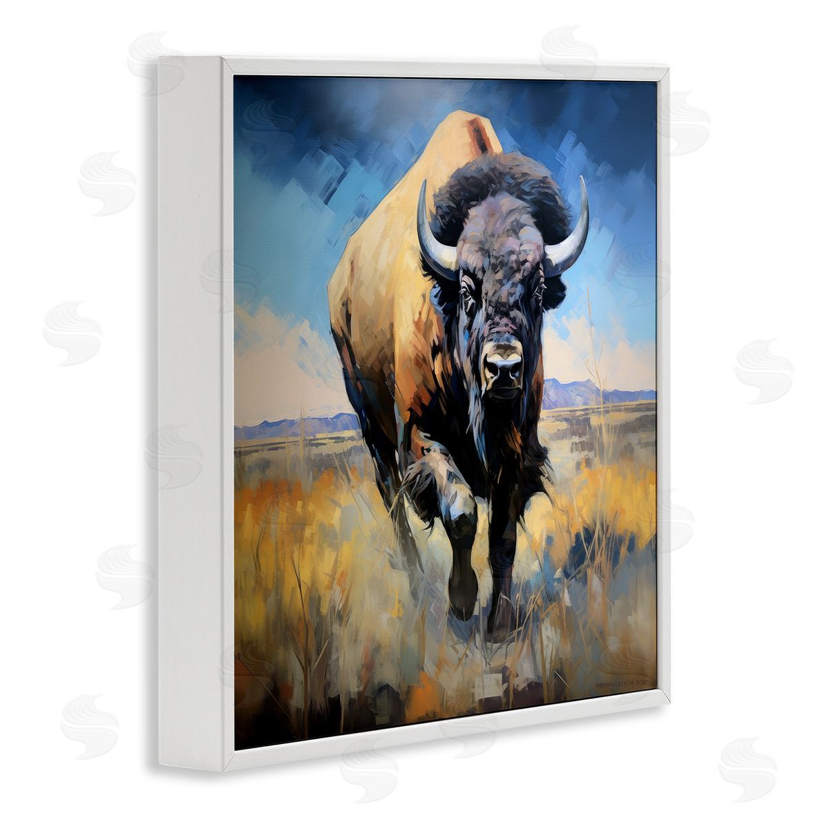 Ray Powers Bison in Country Field White Framed Giclee Wall Artside_