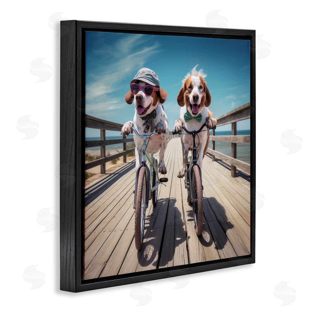 Coastal Bicycle Dogs Black Floating Frame Canvas Wall Art, Home Decor by Ray Powers