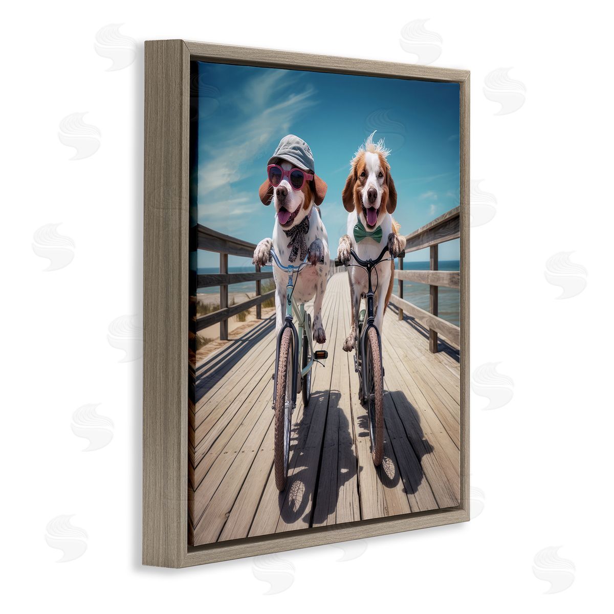 Coastal Bicycle Dogs Brown Floating Frame Canvas Wall Art, Home Decor by Ray Powers