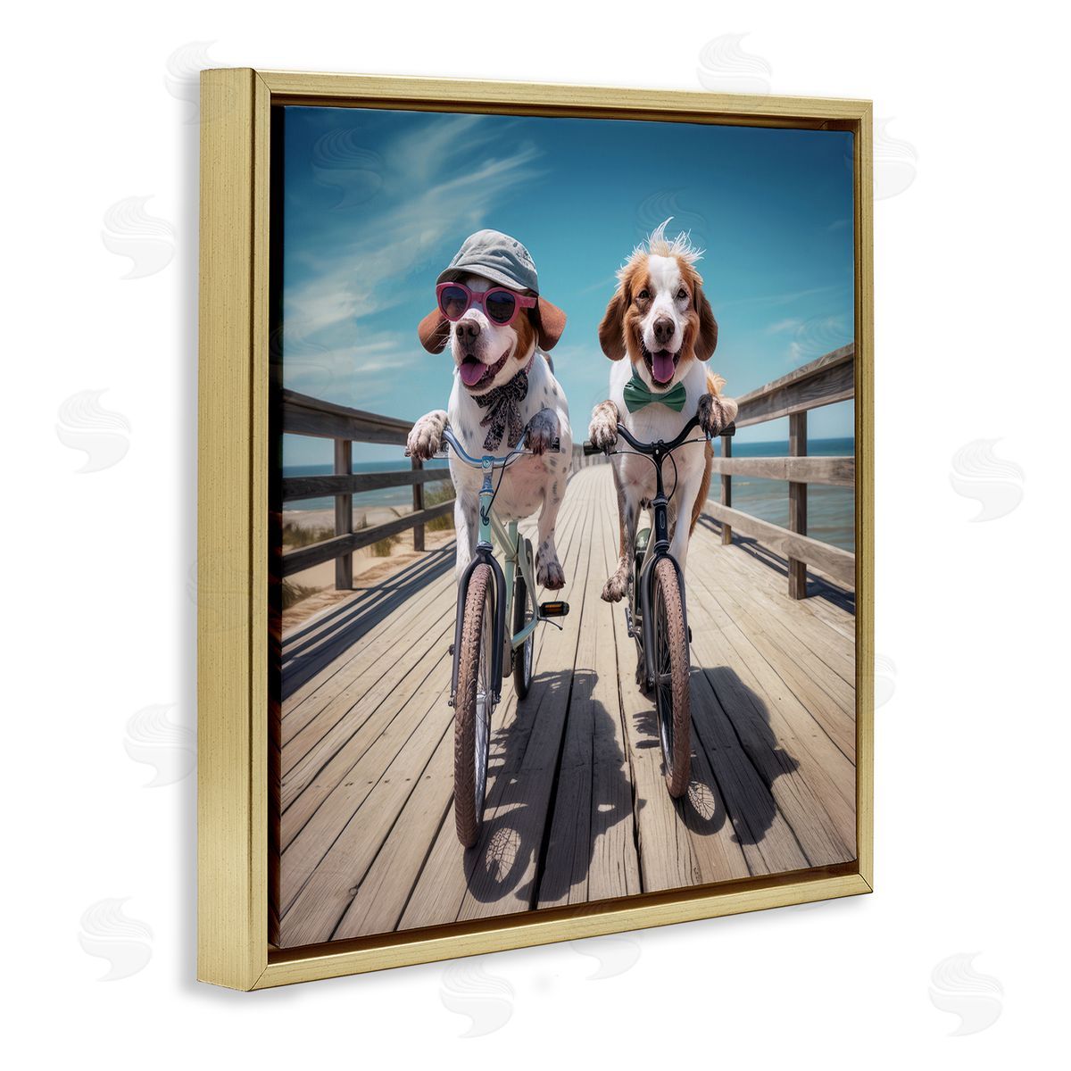 Coastal Bicycle Dogs Gold Floating Frame Canvas Wall Art, Home Decor by Ray Powers