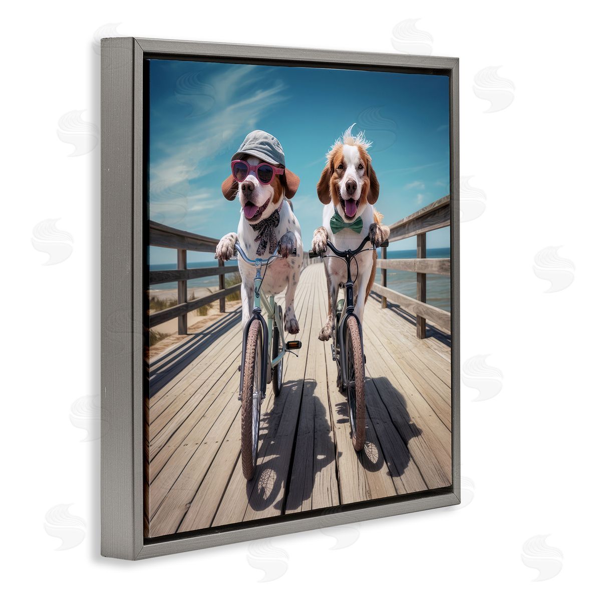 Coastal Bicycle Dogs Grey Floating Frame Canvas Wall Art, Home Decor by Ray Powers