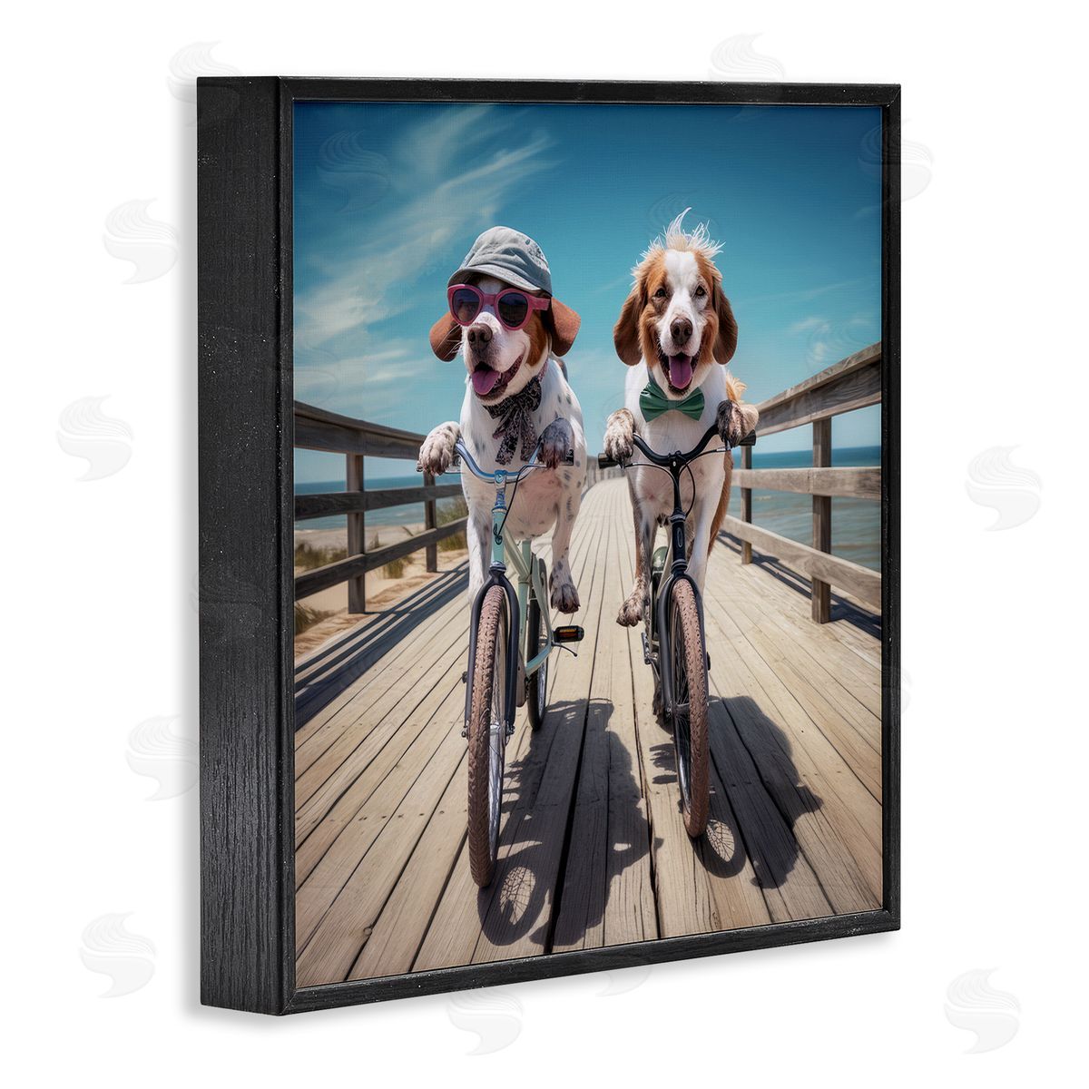 Coastal Bicycle Dogs Black Frame Print Wall Art, Home Decor by Ray Powers