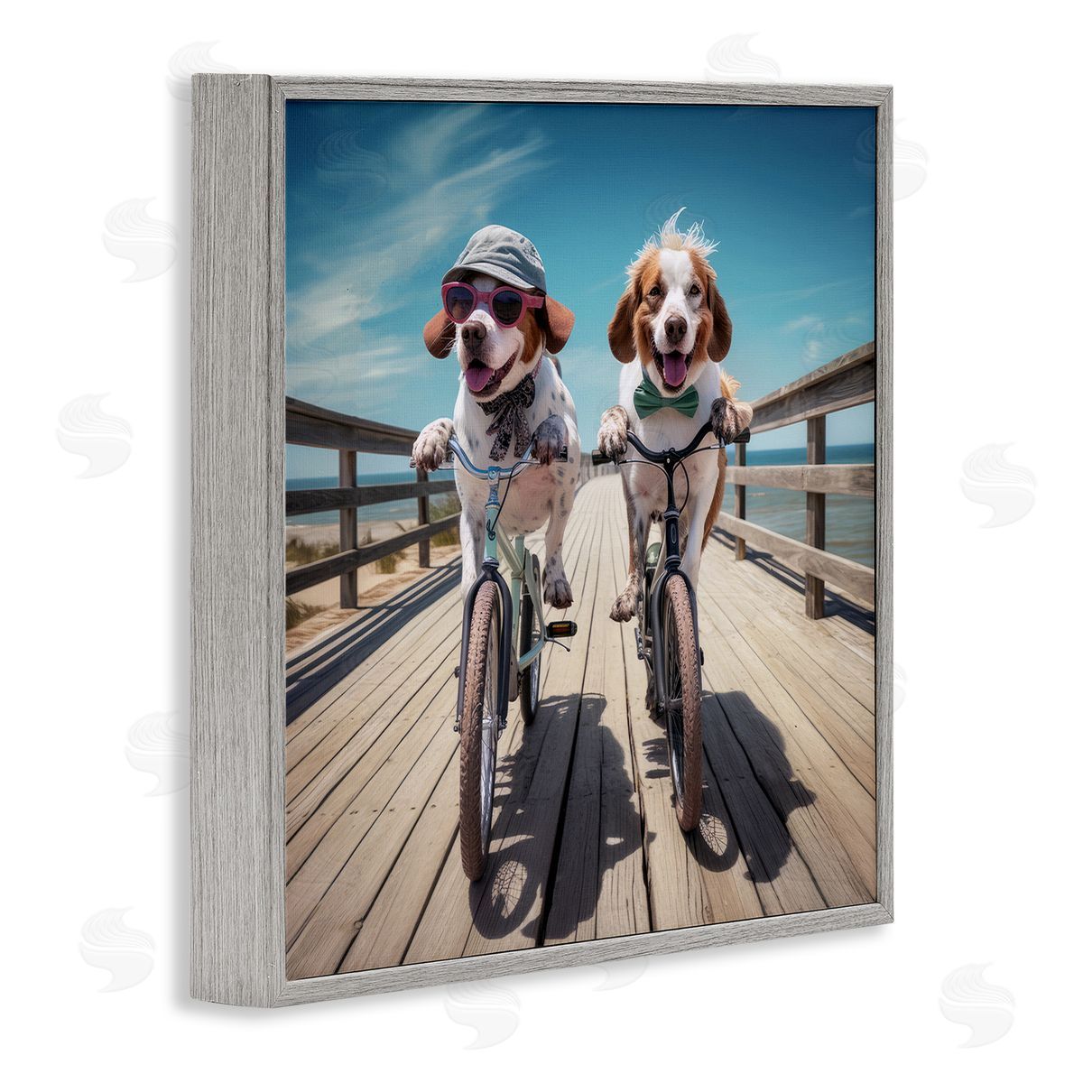 Coastal Bicycle Dogs Grey Frame Print Wall Art, Home Decor by Ray Powers