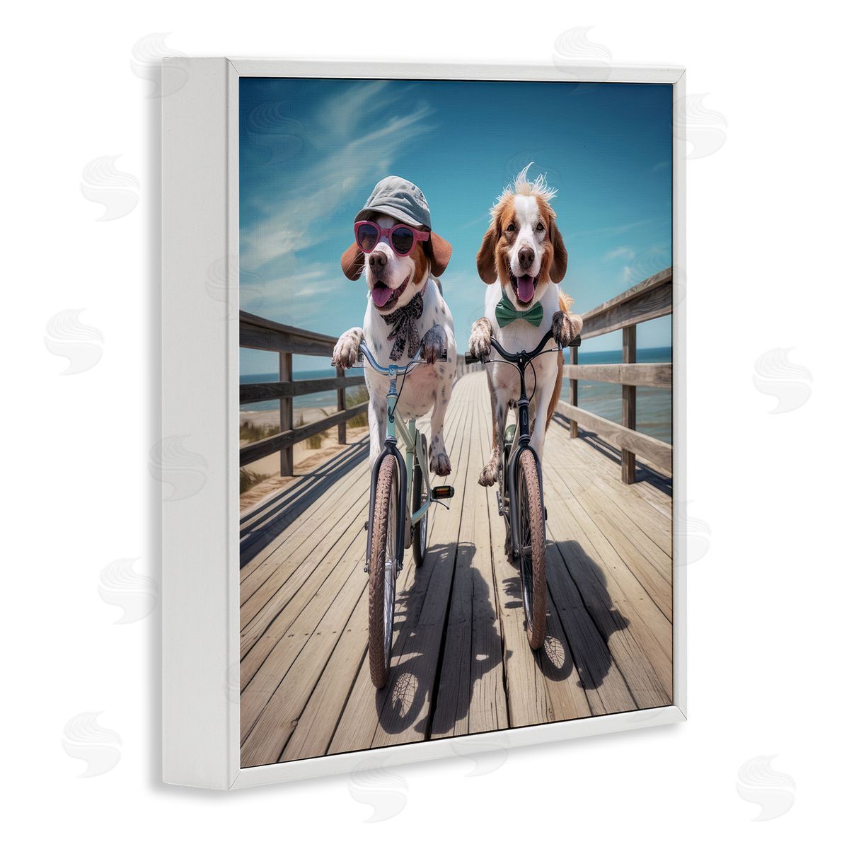 Coastal Bicycle Dogs White Frame Print Wall Art, Home Decor by Ray Powers