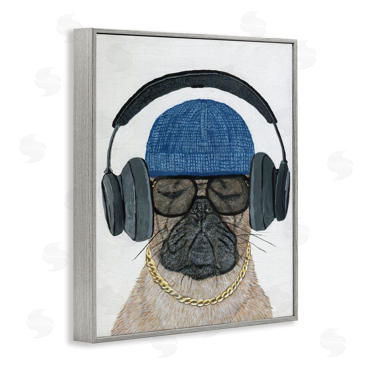 Melissa Symons Pug in Headphones Gray Framed Giclee Wall Artside_