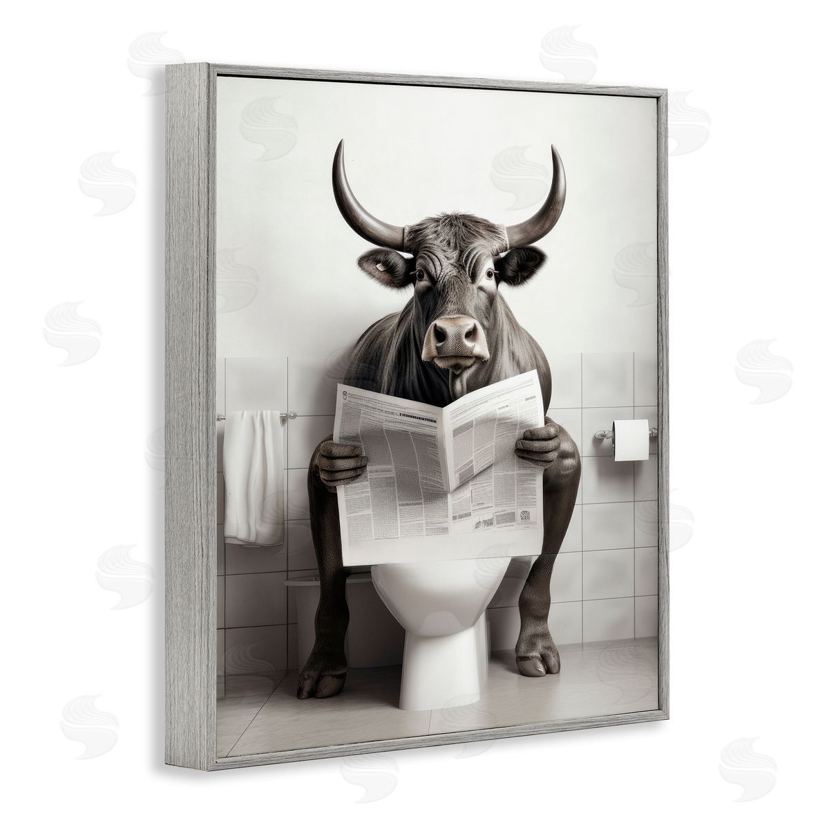 Lazar Studio Cattle Reading Newspaper Gray Framed Giclee Wall Artside_