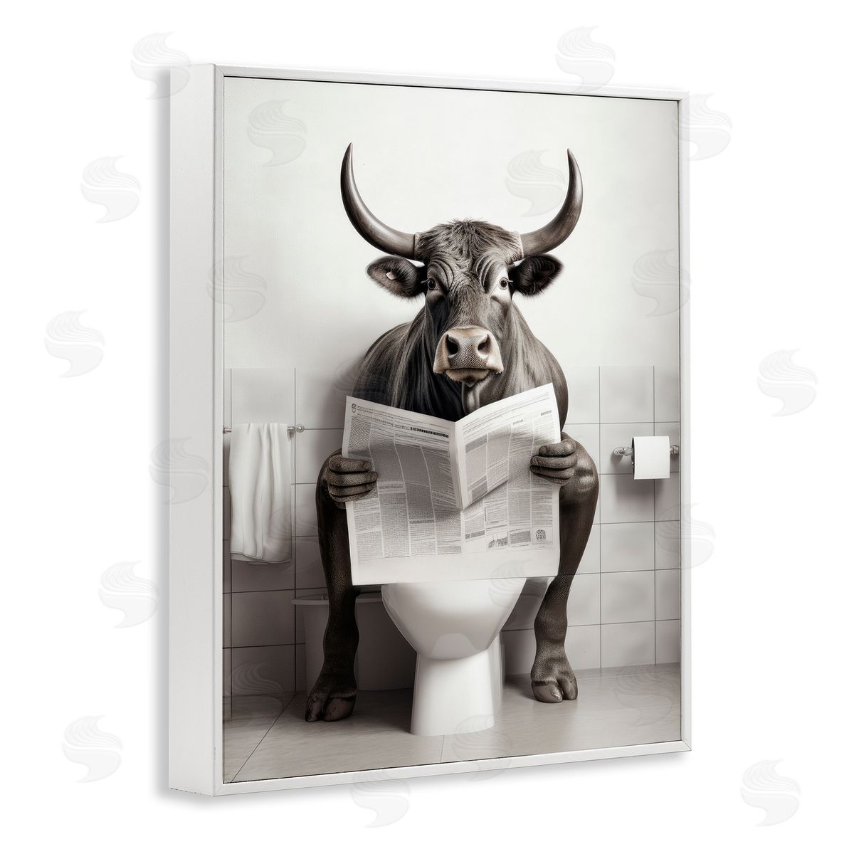 Lazar Studio Cattle Reading Newspaper White Framed Giclee Wall Artside_