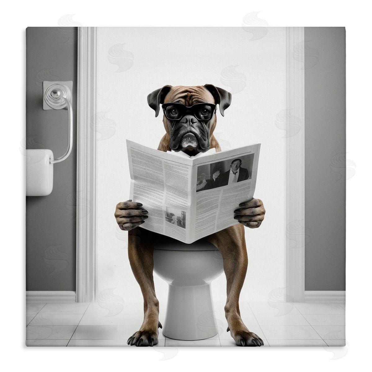 Boxer Dog & Newspaper Canvas Wall Art, Home Decor by Lazar Studio