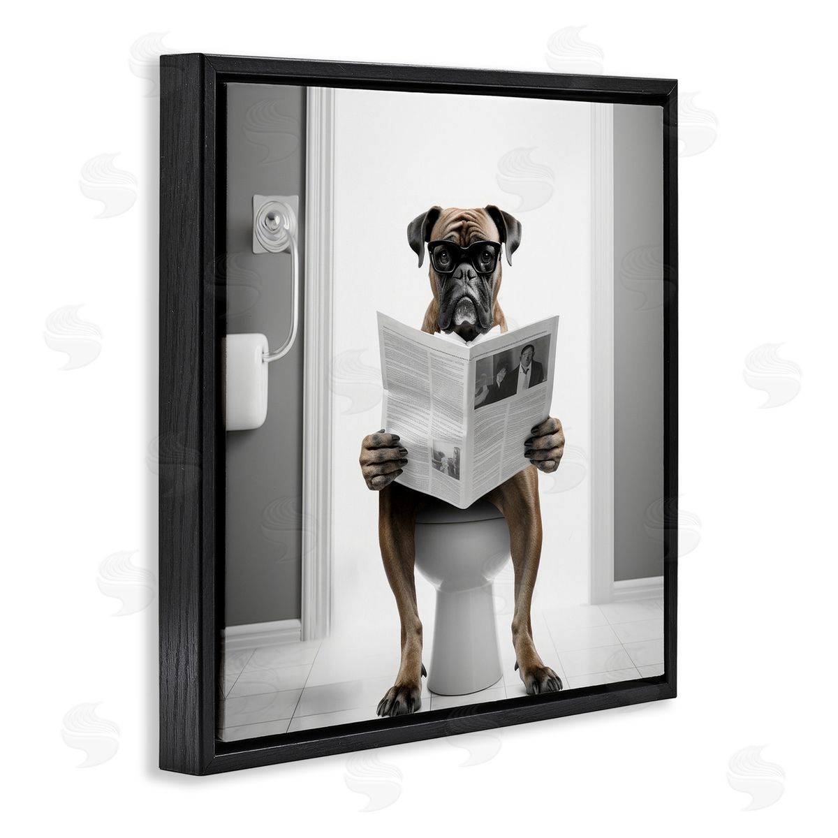 Boxer Dog & Newspaper Black Floating Frame Canvas Wall Art, Home Decor by Lazar Studio