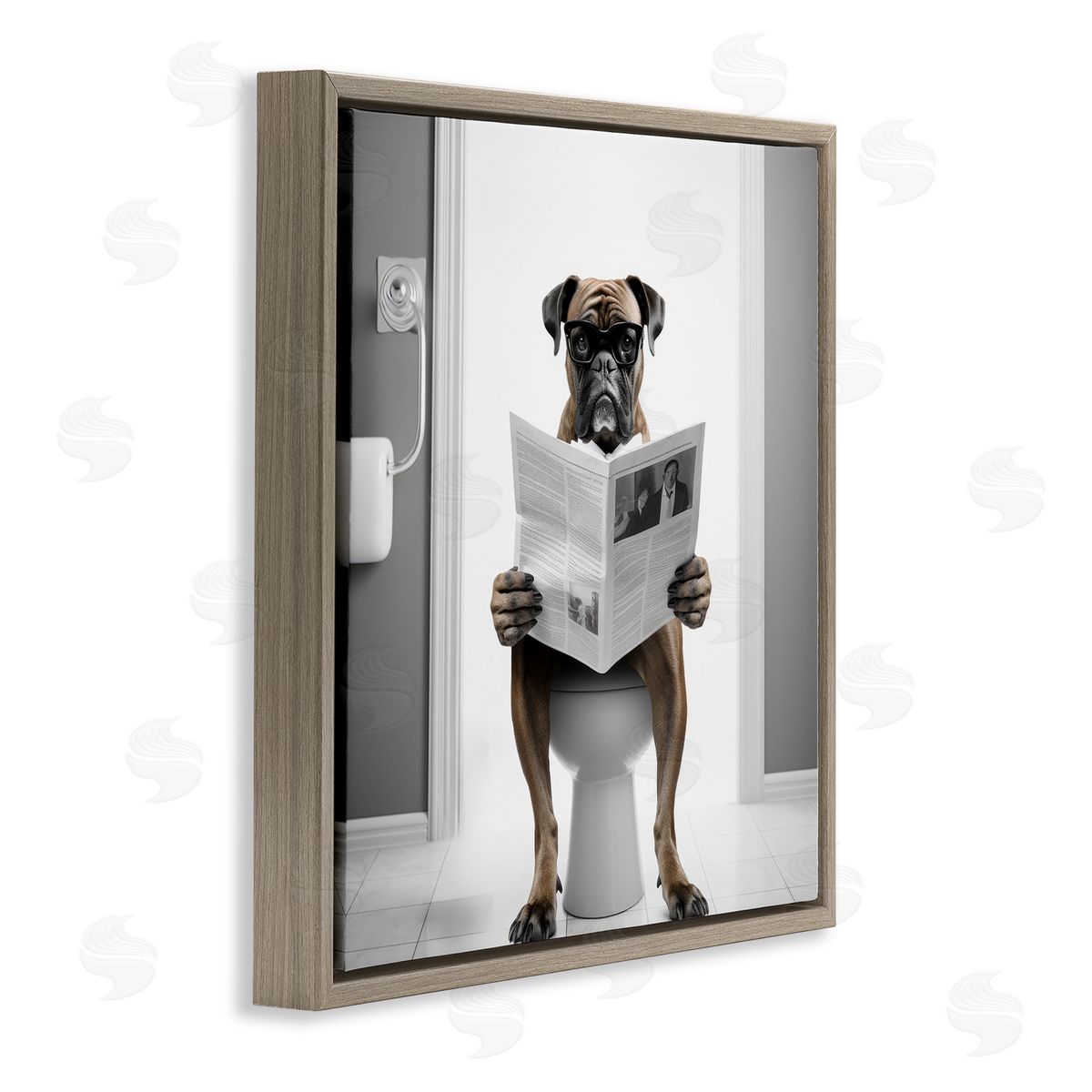 Boxer Dog & Newspaper Brown Floating Frame Canvas Wall Art, Home Decor by Lazar Studio