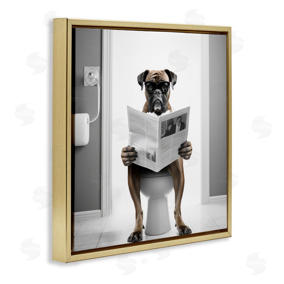 Boxer Dog & Newspaper Gold Floating Frame Canvas Wall Art, Home Decor by Lazar Studio