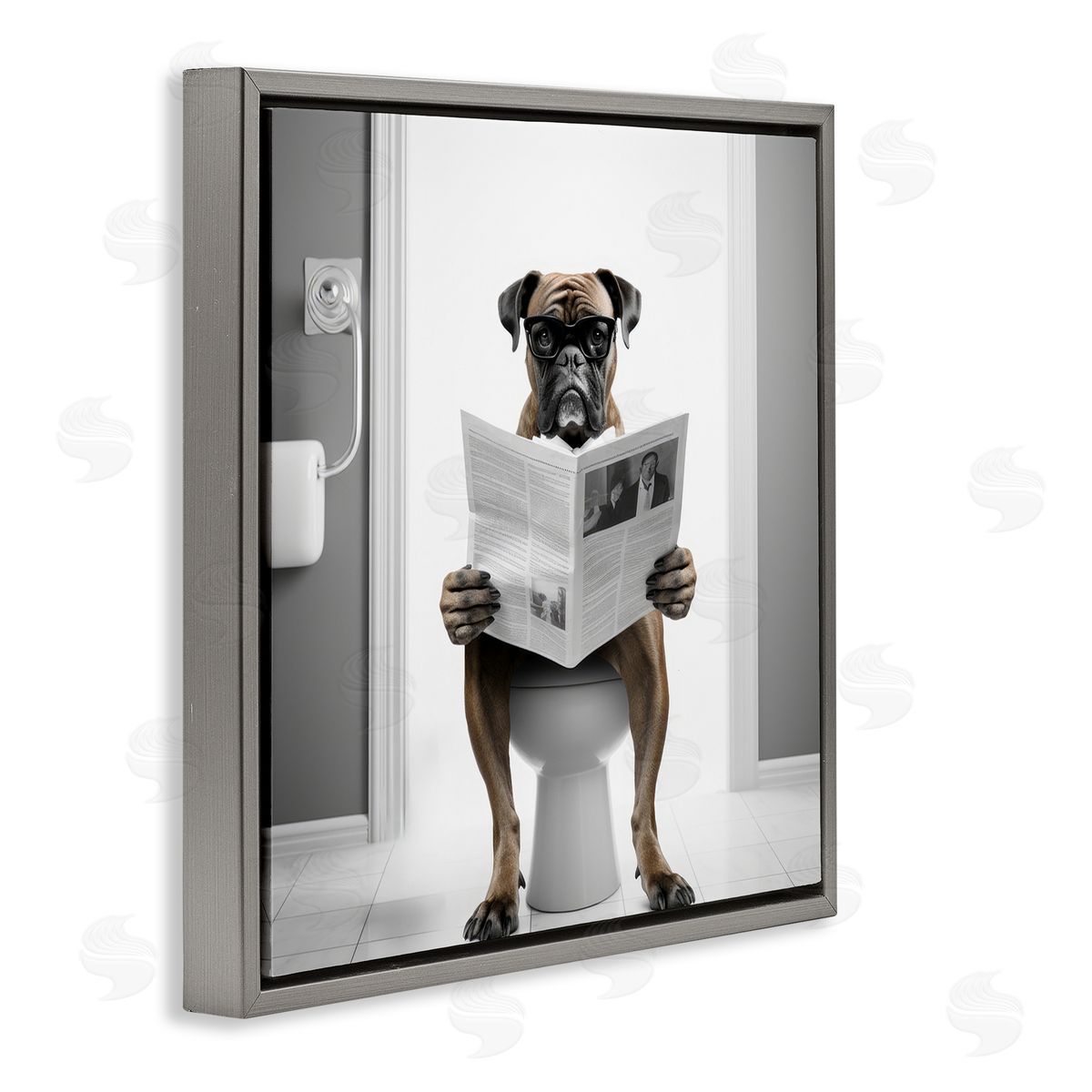 Boxer Dog & Newspaper Grey Floating Frame Canvas Wall Art, Home Decor by Lazar Studio