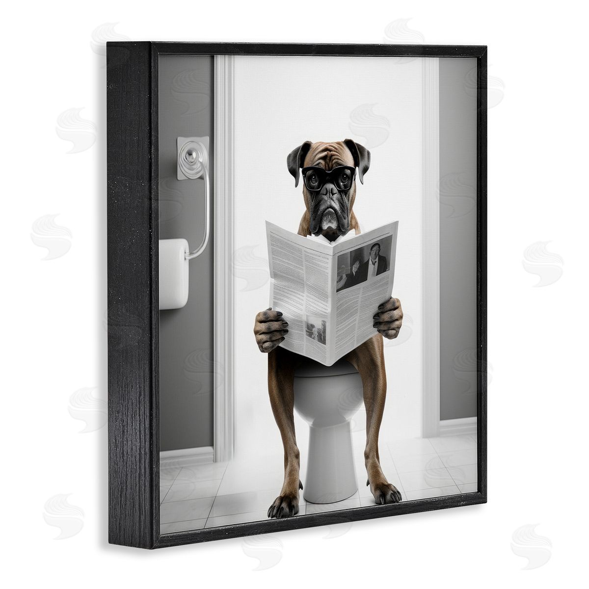 Boxer Dog & Newspaper Black Frame Print Wall Art, Home Decor by Lazar Studio