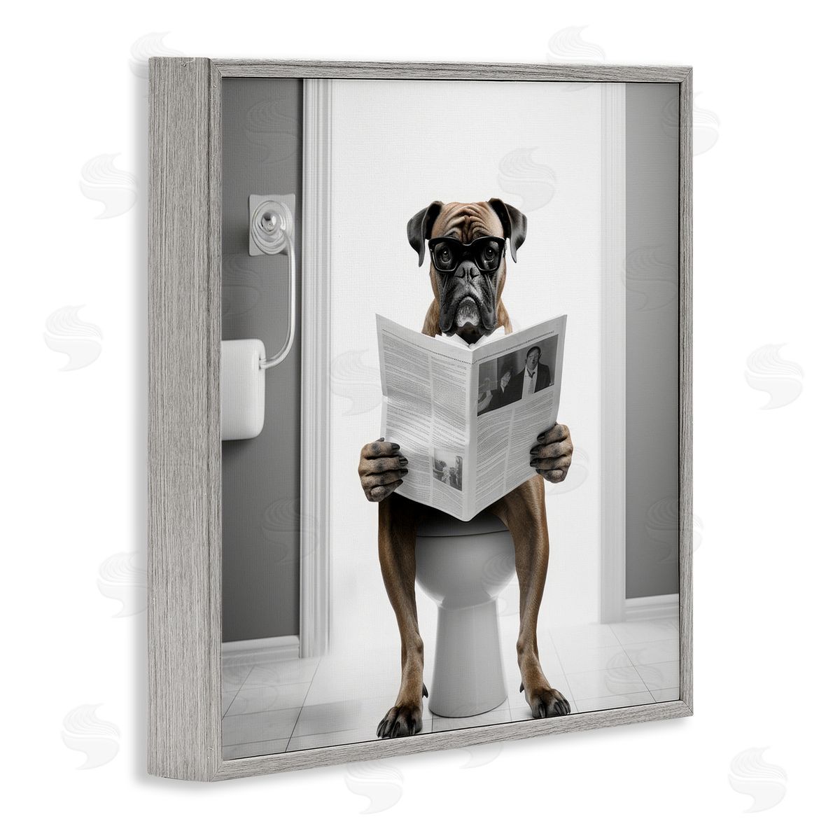 Boxer Dog & Newspaper Grey Frame Print Wall Art, Home Decor by Lazar Studio