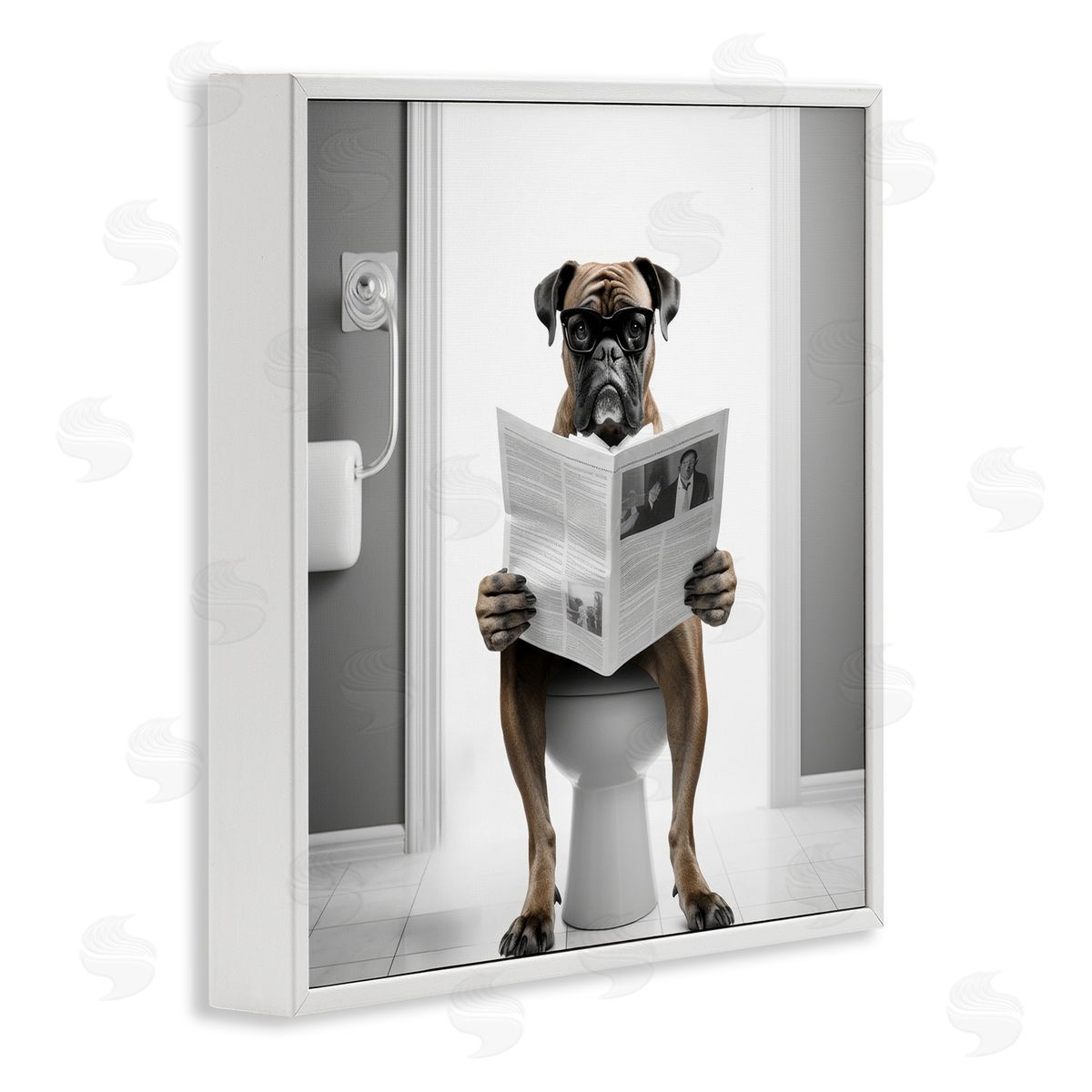 Boxer Dog & Newspaper White Frame Print Wall Art, Home Decor by Lazar Studio