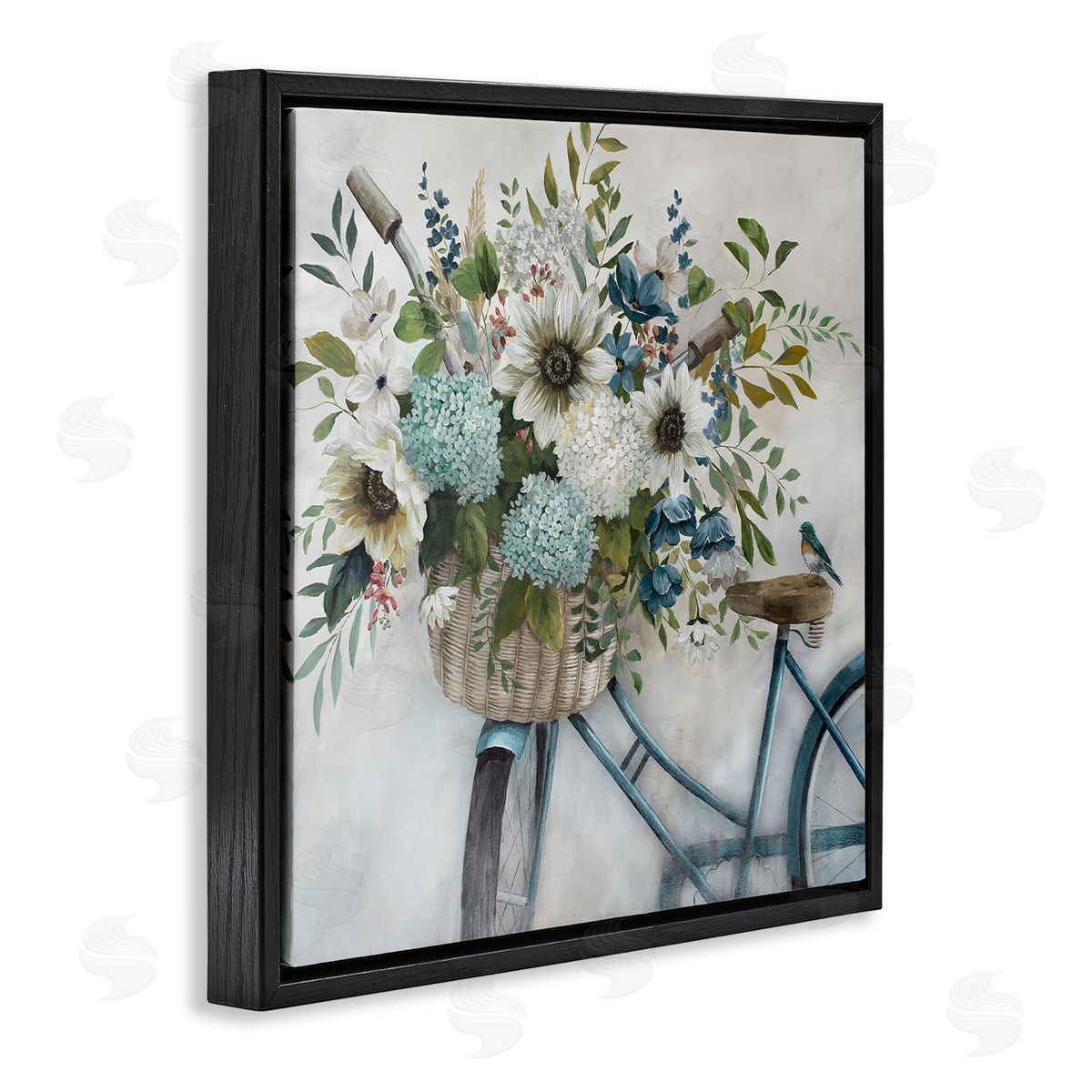 Floral Bike Basket Black Floating Frame Canvas Wall Art, Home Decor by Nan