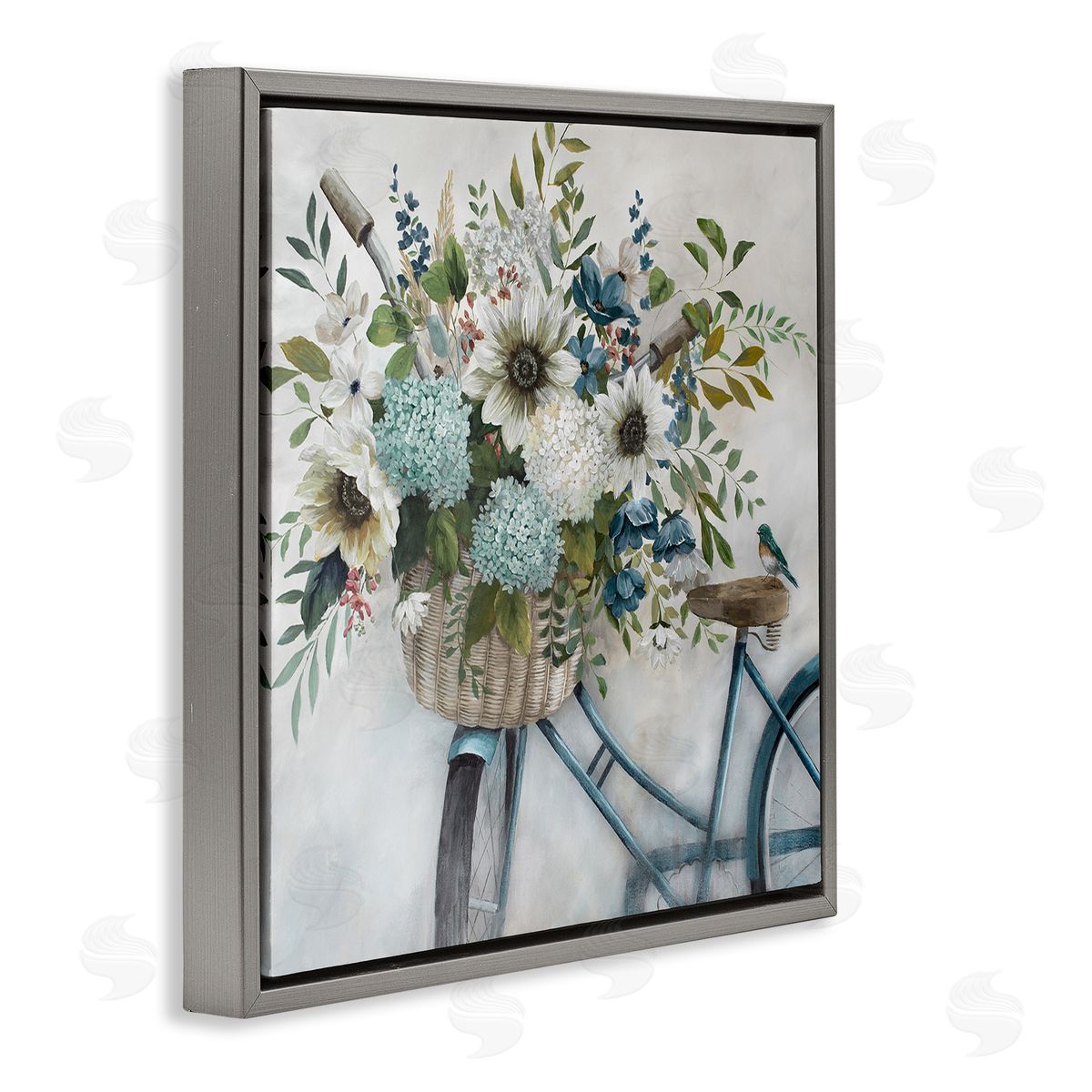 Floral Bike Basket Grey Floating Frame Canvas Wall Art, Home Decor by Nan