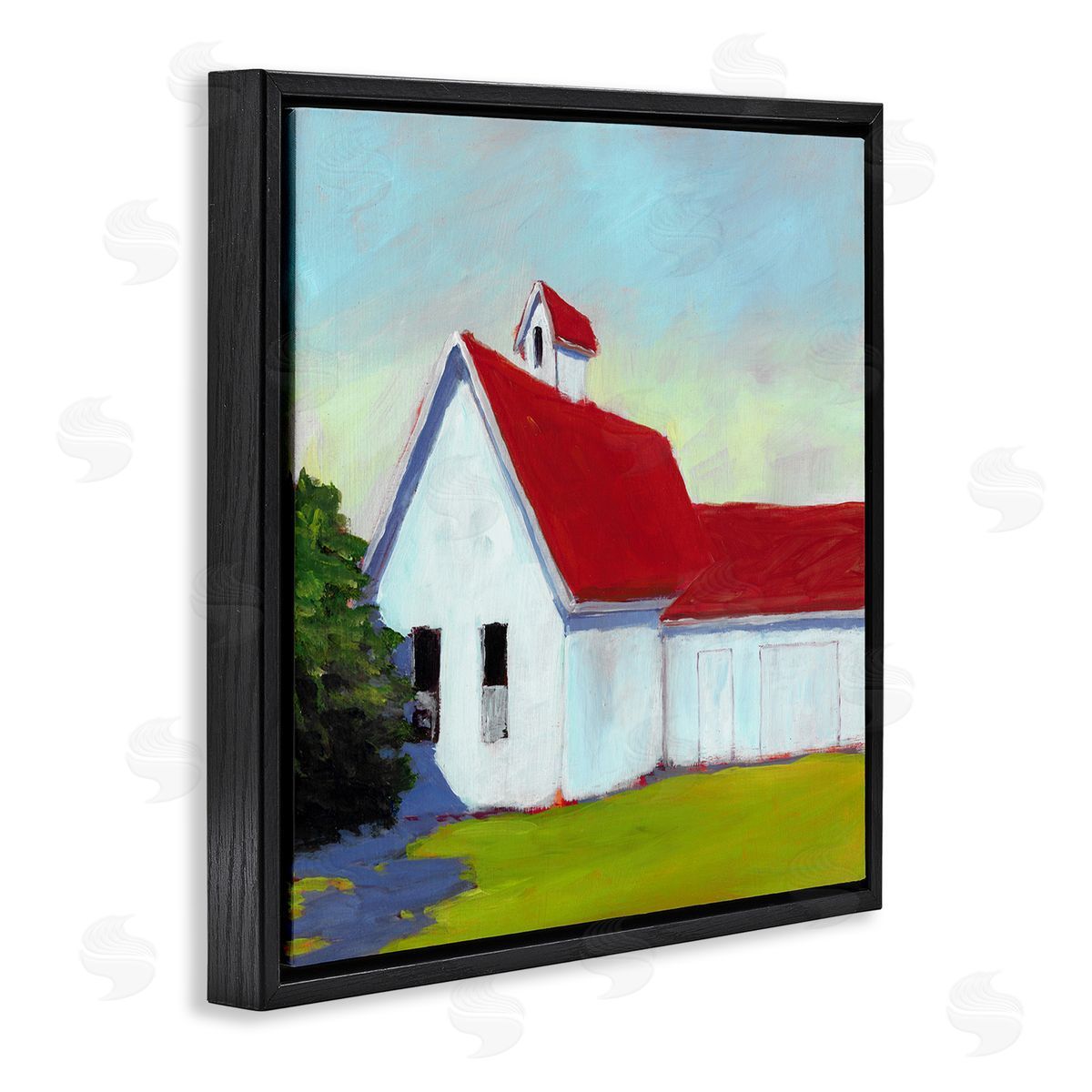 Carol Young Red & White Farm Cottage Black Floater Frame Canvas Artside_