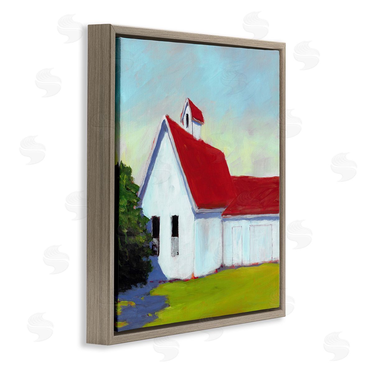 Carol Young Red & White Farm Cottage Brown Floater Frame Canvas Artside_