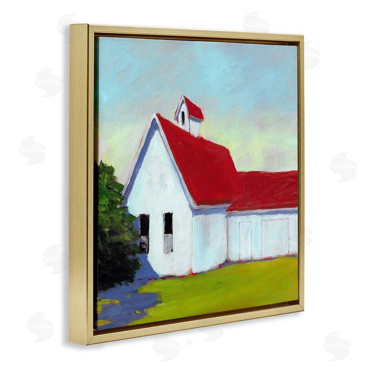 Carol Young Red & White Farm Cottage Gold Floater Frame Canvas Artside_
