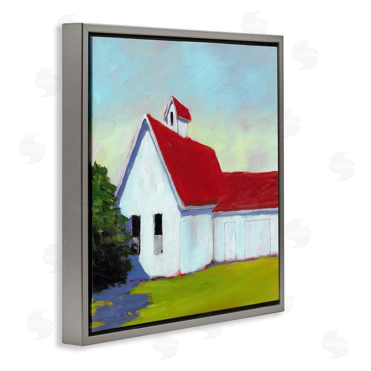 Carol Young Red & White Farm Cottage Gray Floater Frame Canvas Artside_