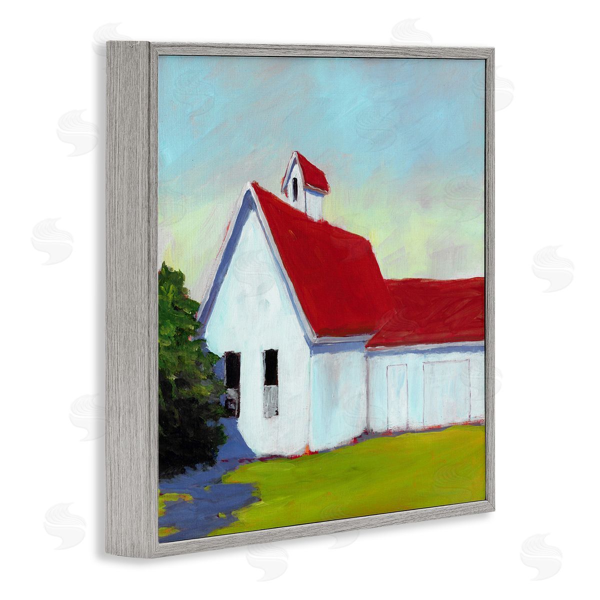 Carol Young Red & White Farm Cottage Gray Framed Giclee Wall Artside_