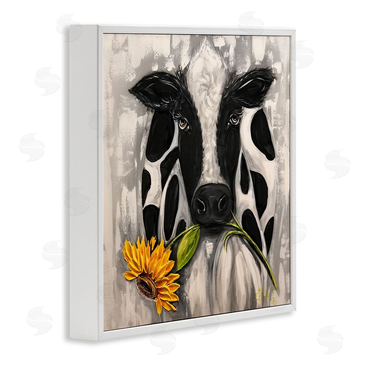 Estelle Grengs Cow & Sunflower Painting White Framed Giclee Wall Artside_