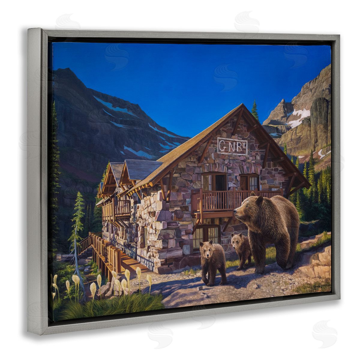 James Corwin Bears & Lodge Scenery Gray Floater Frame Canvas Artside_