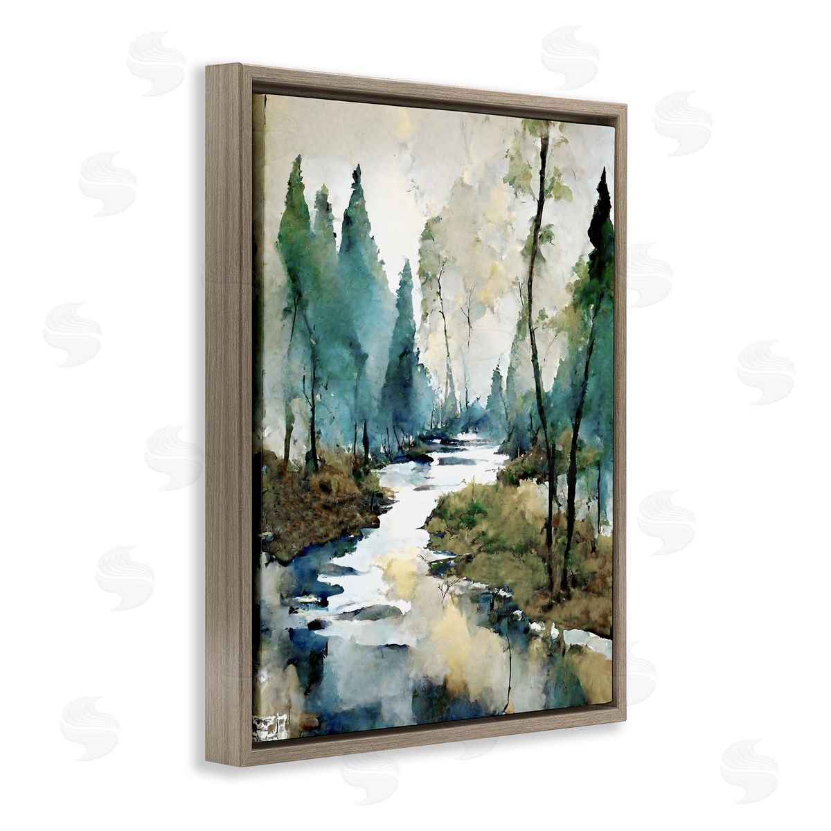 Watercolor Creek Landscape Brown Floating Frame Canvas Wall Art, Home Decor by Ray Powers
