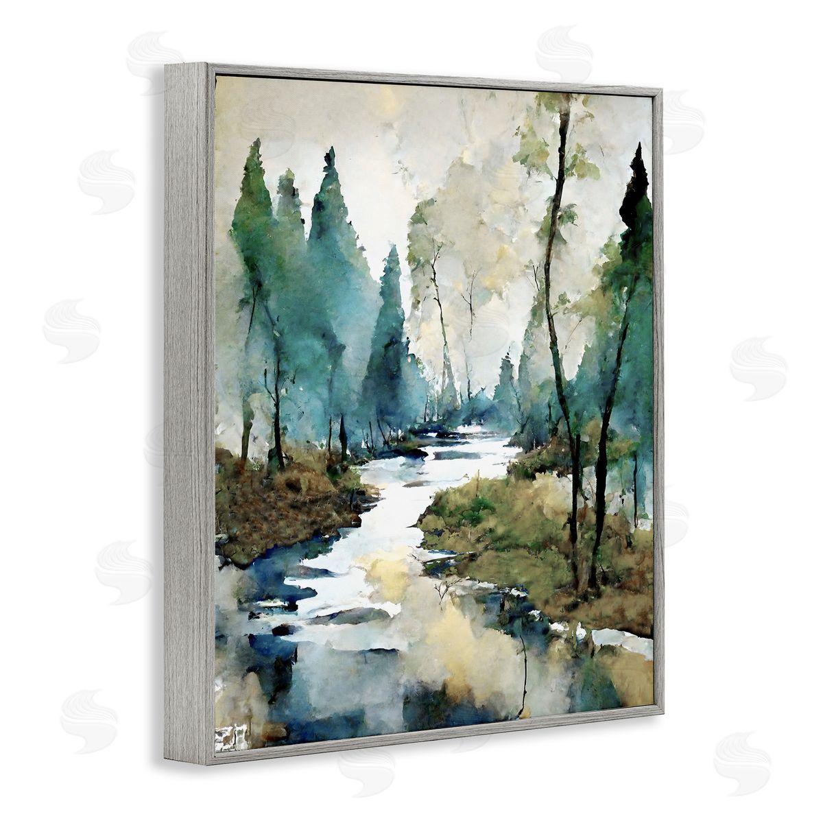 Watercolor Creek Landscape Grey Frame Print Wall Art, Home Decor by Ray Powers