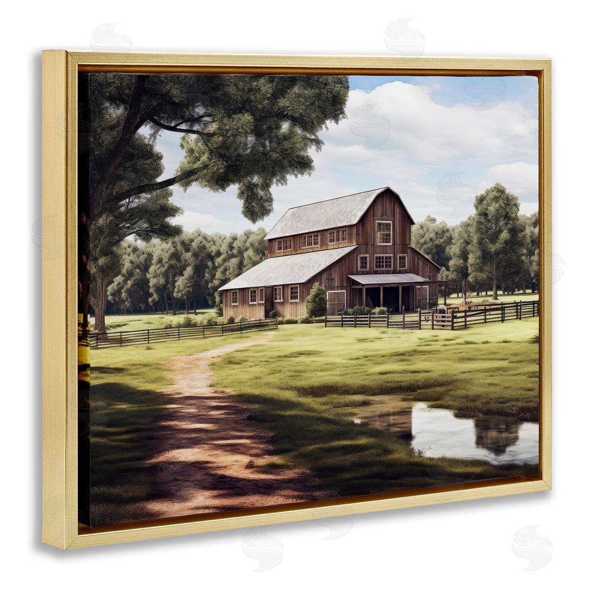 Ray Powers Farmhouse Barn & Stream Gold Floater Frame Canvas Artside_