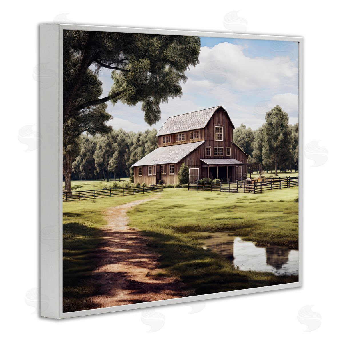 Ray Powers Farmhouse Barn & Stream White Framed Giclee Wall Artside_
