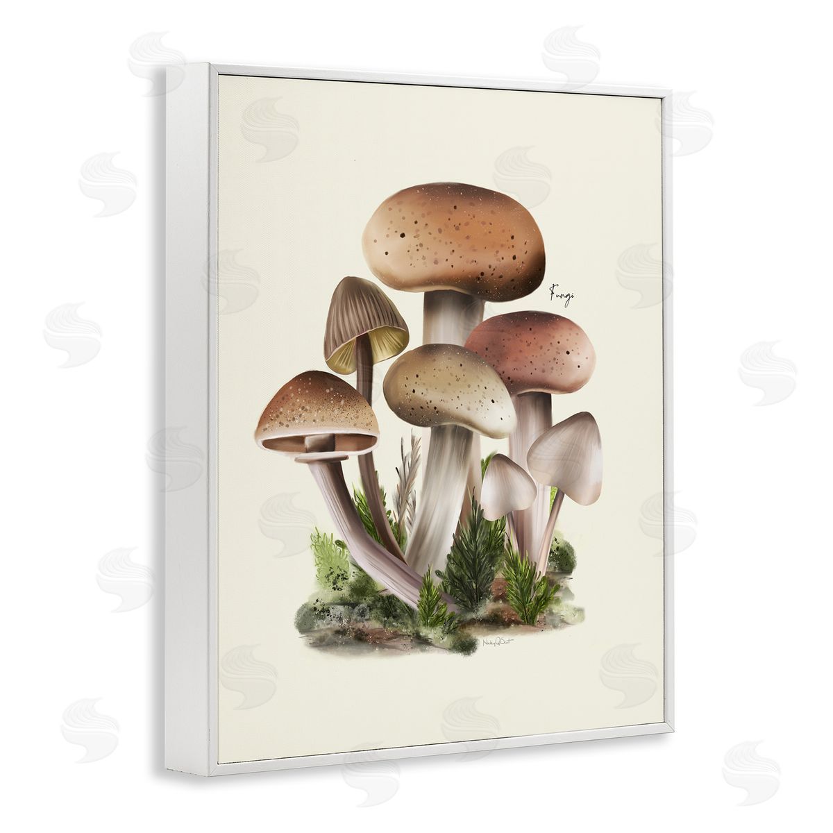 Studio Q Brown Woodland Mushrooms White Framed Giclee Wall Artside_