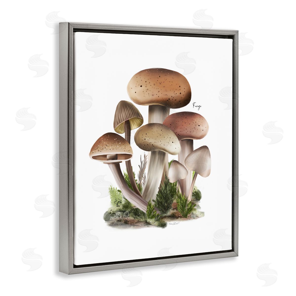 Studio Q Mushrooms on White Gray Floater Frame Canvas Artside_