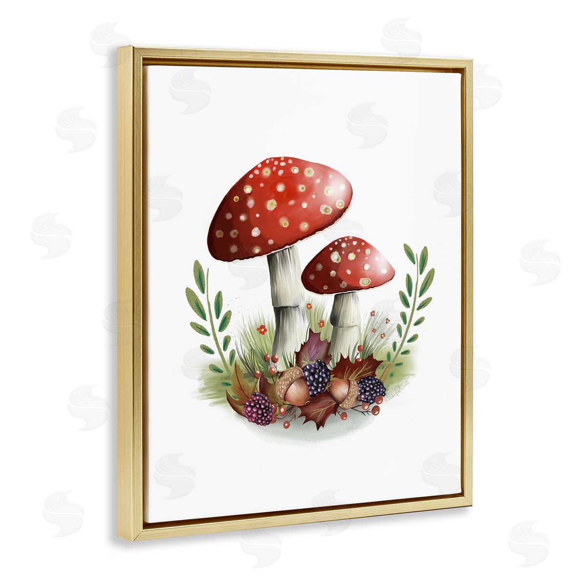 Studio Q Red Mushrooms & Acorns Gold Floater Frame Canvas Artside_