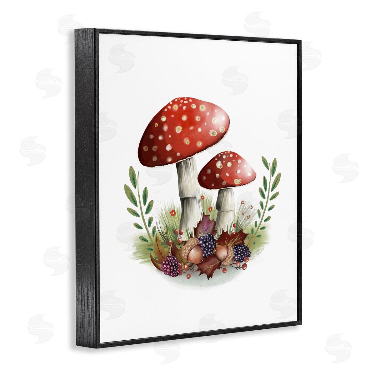 Studio Q Red Mushrooms & Acorns Black Framed Giclee Wall Artside_