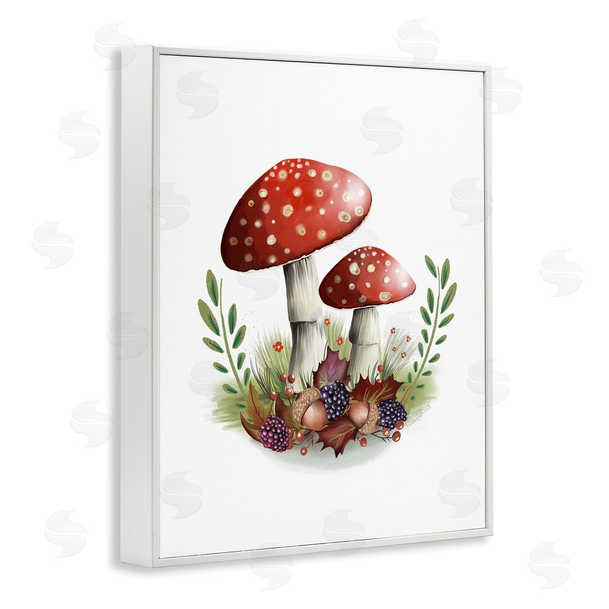 Studio Q Red Mushrooms & Acorns White Framed Giclee Wall Artside_