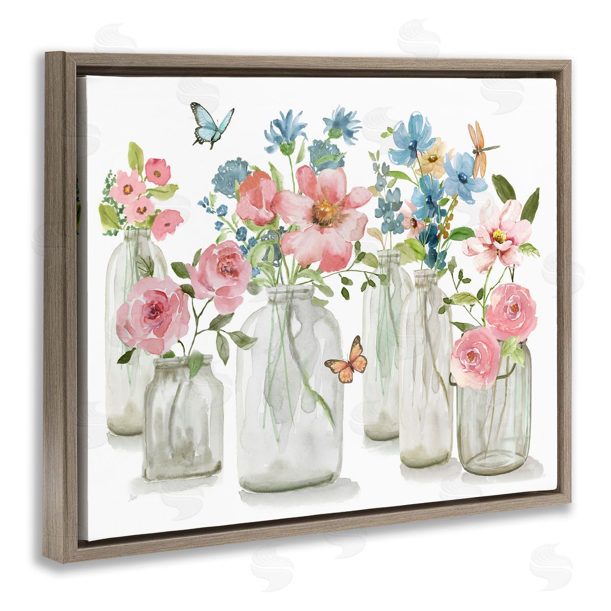 Nan Pink & Blue Flowers Brown Floater Frame Canvas Artside_