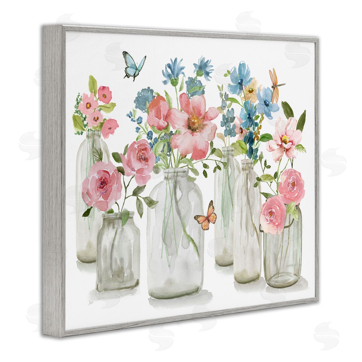Nan Pink & Blue Flowers Gray Framed Giclee Wall Artside_