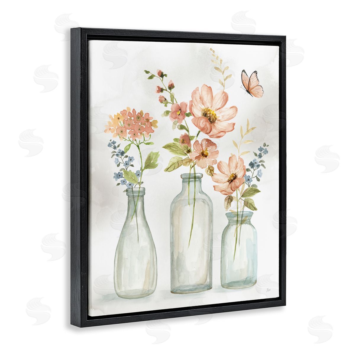 Butterfly & Pink Florals Black Floating Frame Canvas Wall Art, Home Decor by Nan