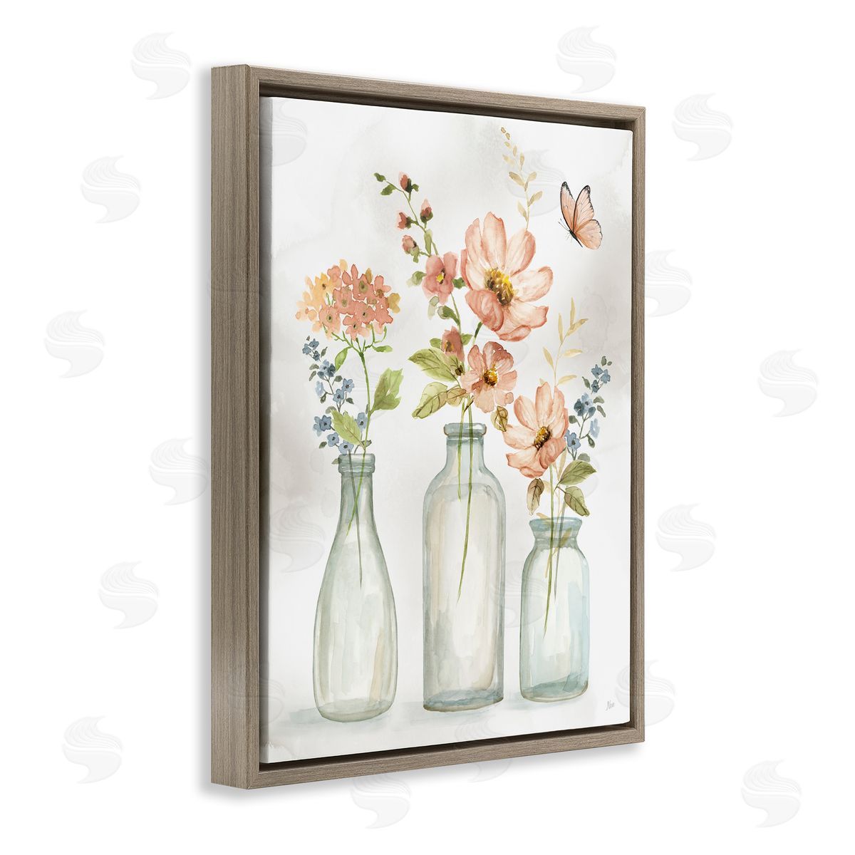Butterfly & Pink Florals Brown Floating Frame Canvas Wall Art, Home Decor by Nan