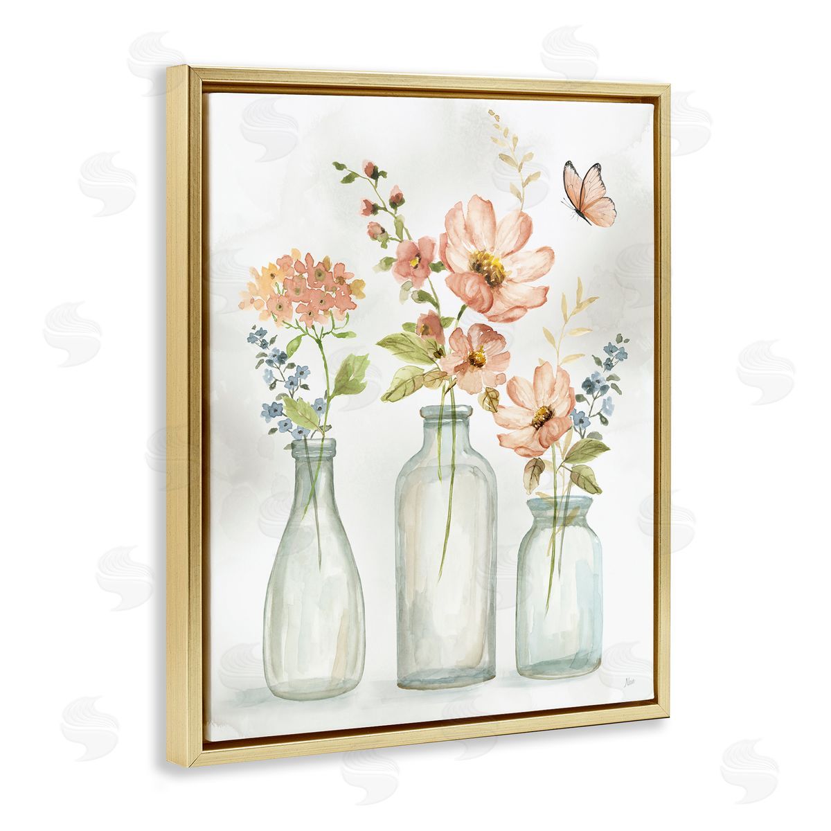 Butterfly & Pink Florals Gold Floating Frame Canvas Wall Art, Home Decor by Nan