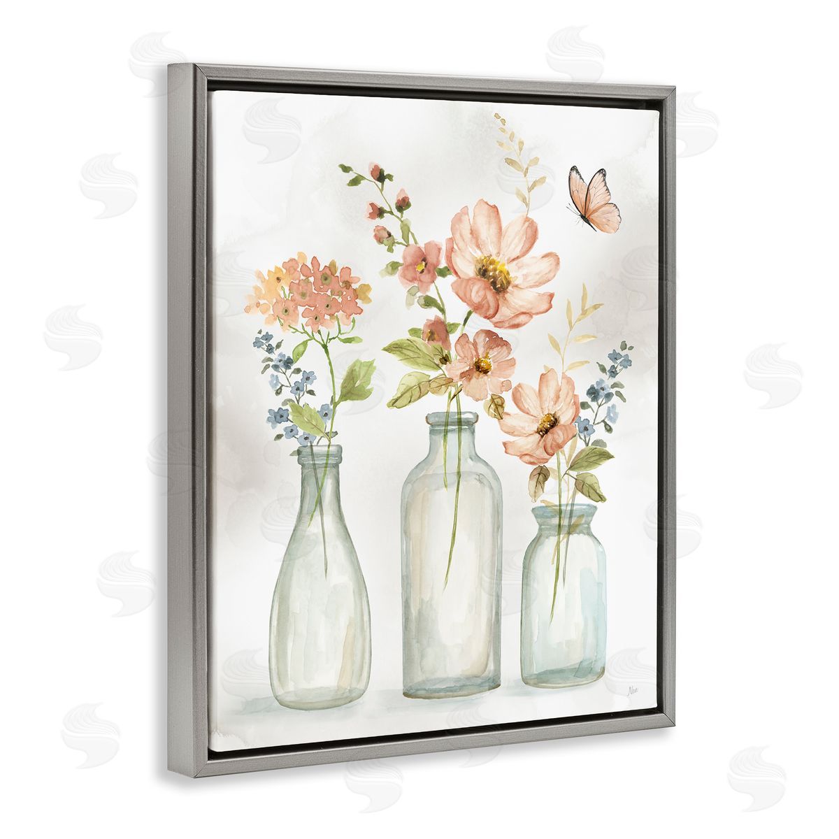 Butterfly & Pink Florals Grey Floating Frame Canvas Wall Art, Home Decor by Nan