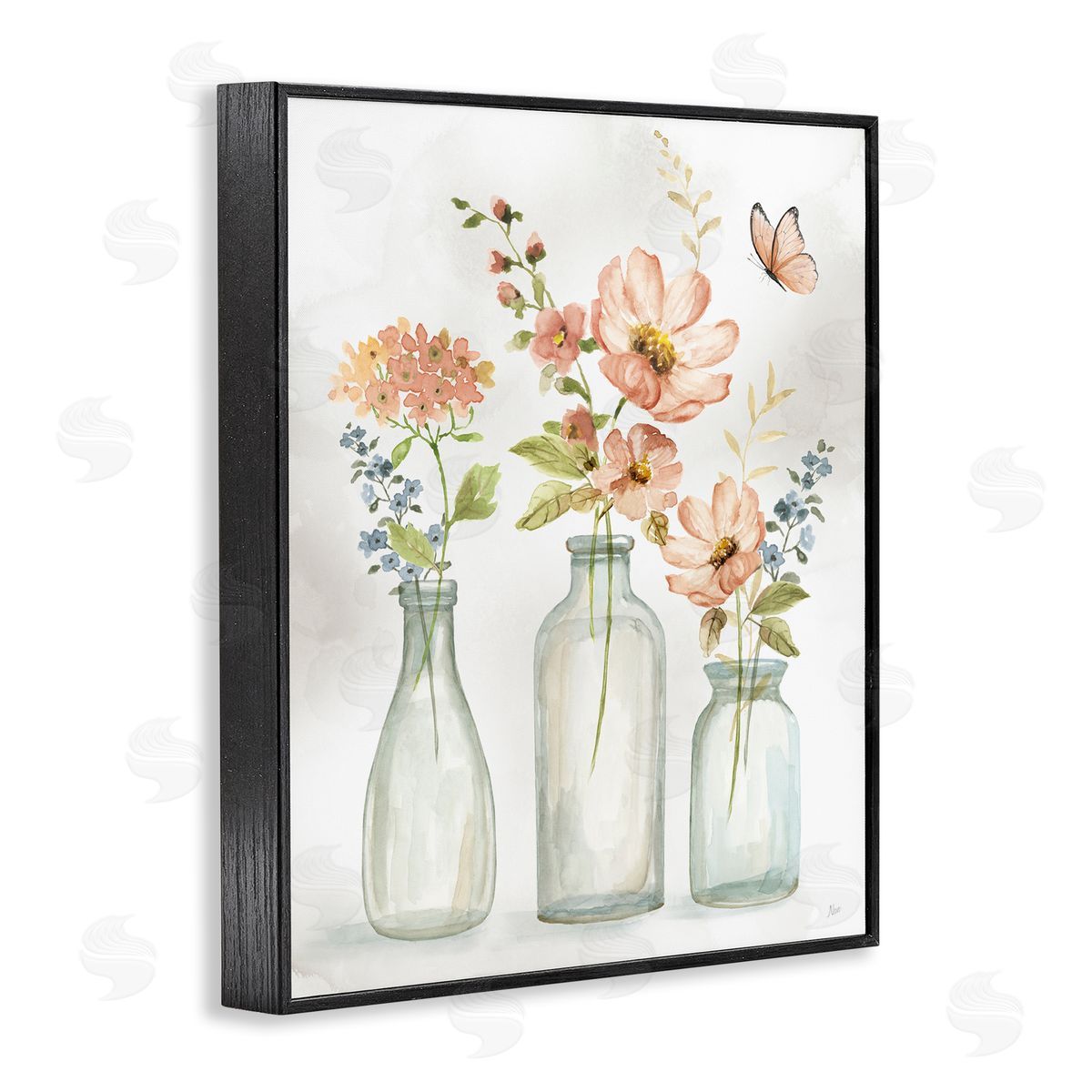 Butterfly & Pink Florals Black Frame Print Wall Art, Home Decor by Nan