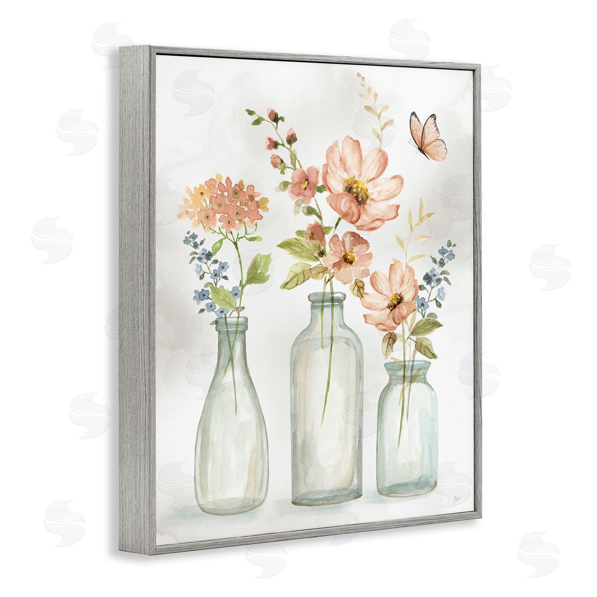 Butterfly & Pink Florals Grey Frame Print Wall Art, Home Decor by Nan