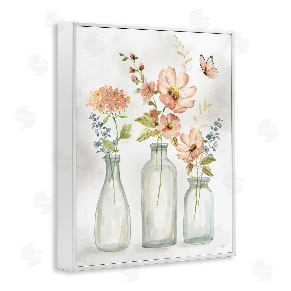 Butterfly & Pink Florals White Frame Print Wall Art, Home Decor by Nan