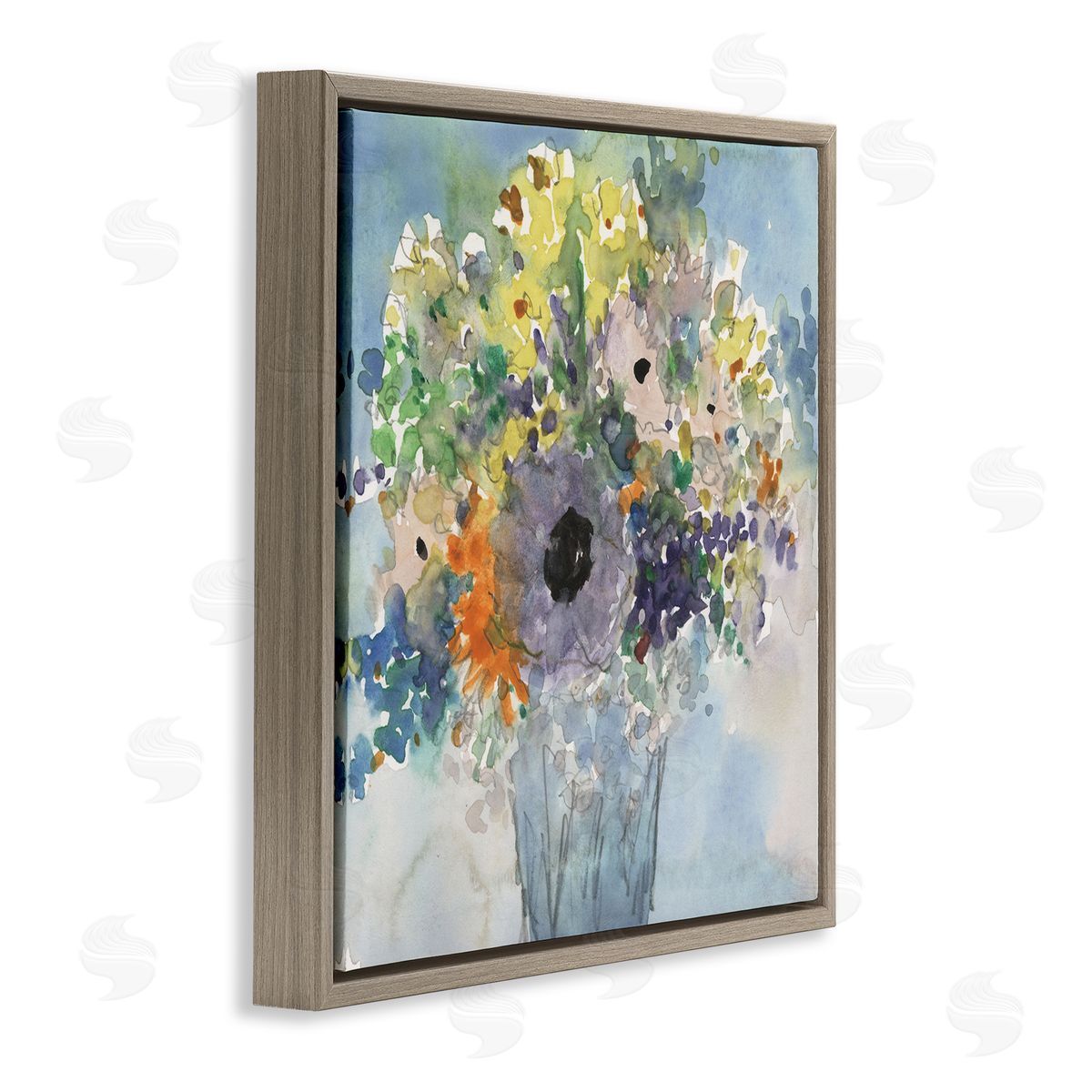 Samuel Dixon Blue Bouquet Watercolor Brown Floater Frame Canvas Artside_