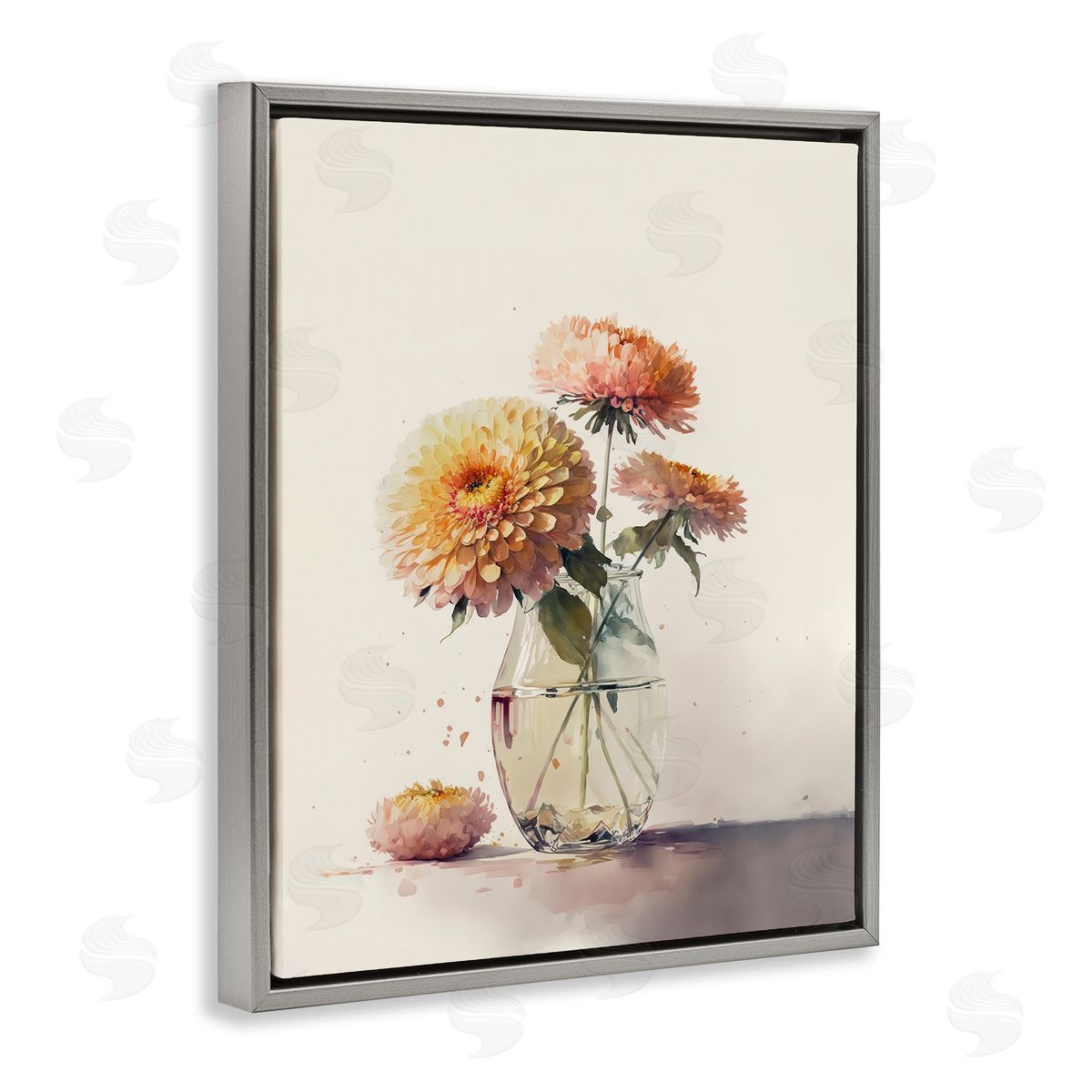 Blooming Dahlias Painting Grey Floating Frame Canvas Wall Art, Home Decor by Leah McLean